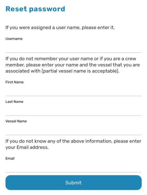 App Reset password form with Username, First Name, Last Name, Vessel Name, and Email fields