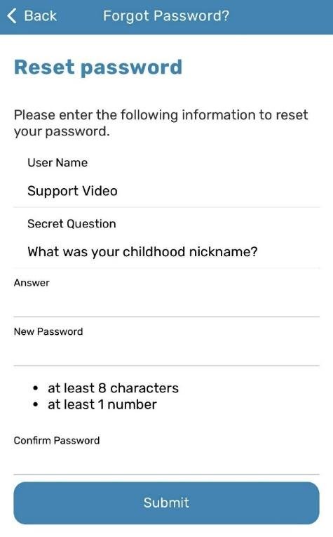 App Reset password screen with User Name, Secret Question, Answer, New Password, and Confirm Password fields