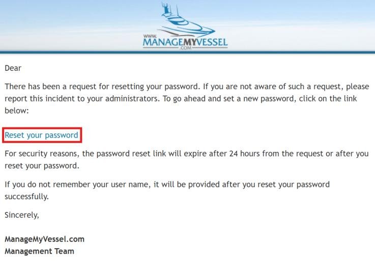ManageMyVessel password reset email with Reset your password link highlighted