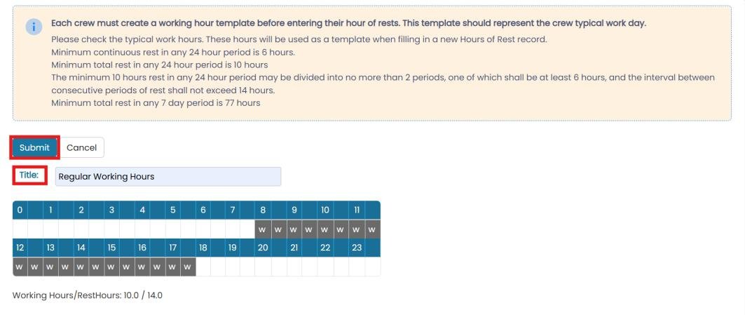 Manage Templates form with title field, hour grid, and Submit button