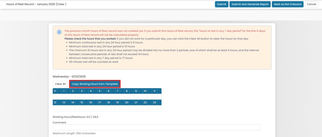 Day log screen with Copy Working Hours from Template button