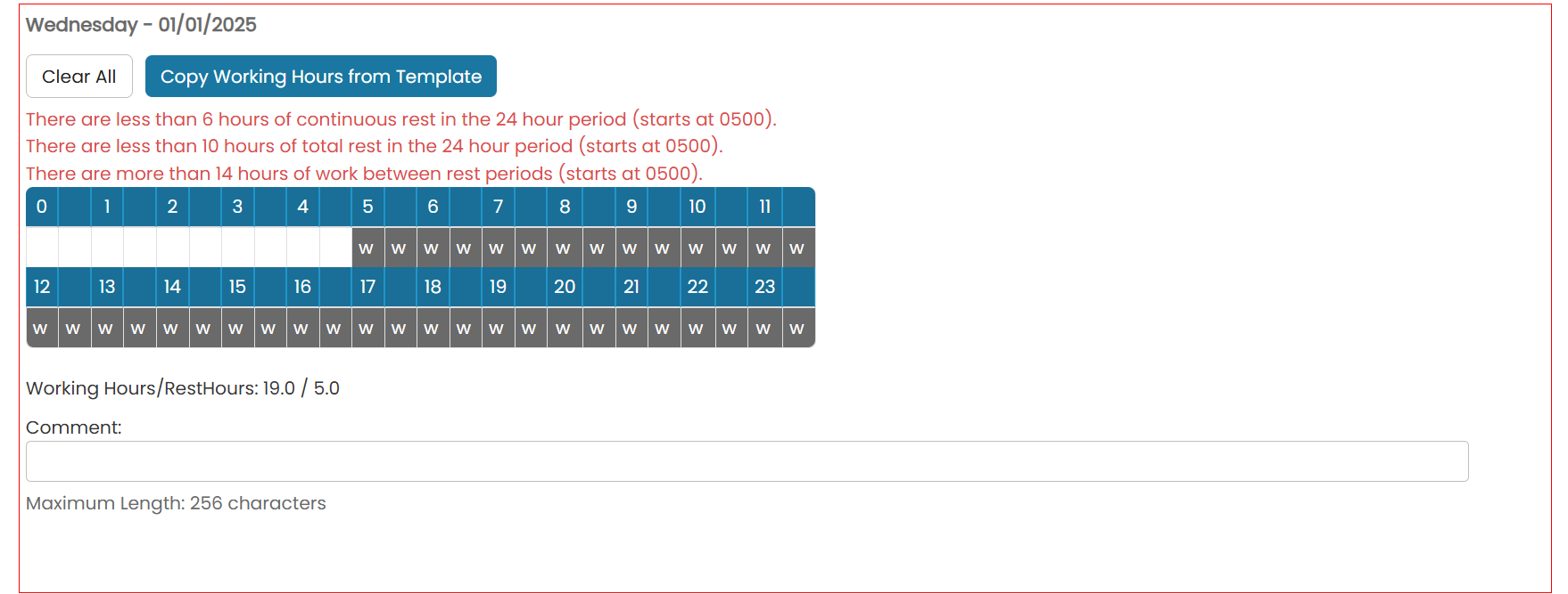 Day log screen highlighted red with rest-rule violation messages and Comment field
