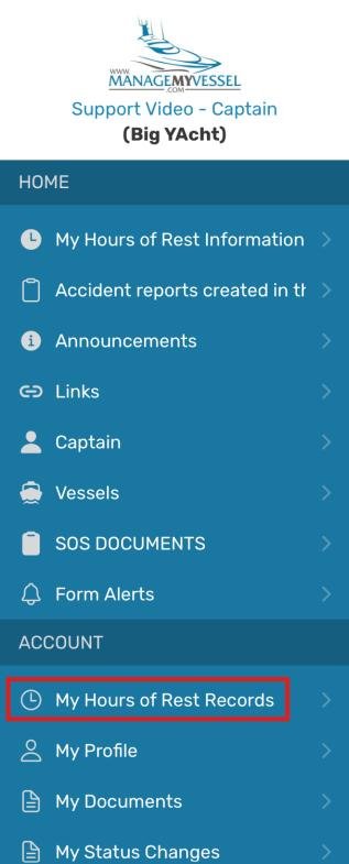 App side menu with My Hours of Rest Records highlighted