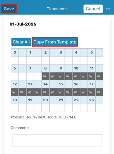 App day timesheet with Copy From Template button and hour grid