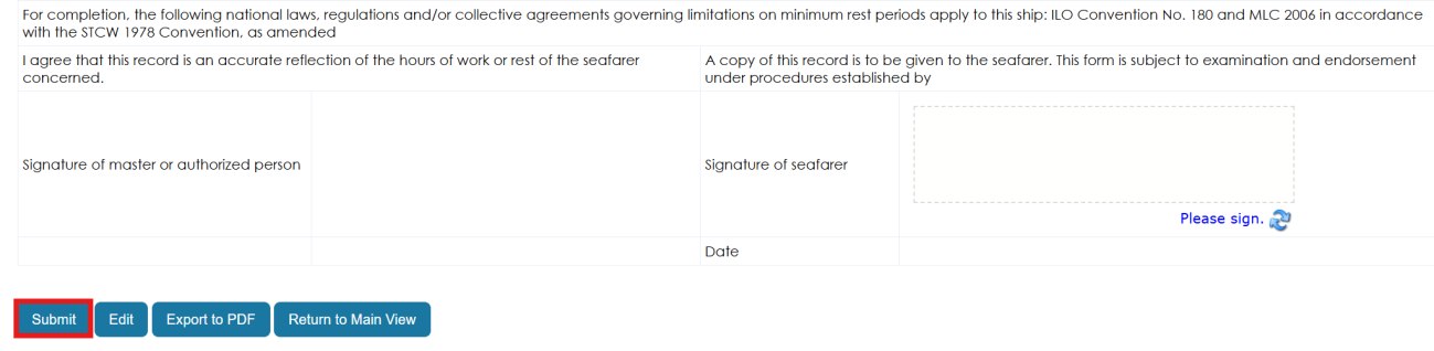 Monthly Hours of Rest report with signature fields and Submit button