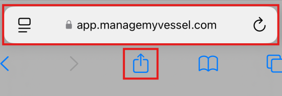 Safari address bar showing app.managemyvessel.com with the Share icon highlighted