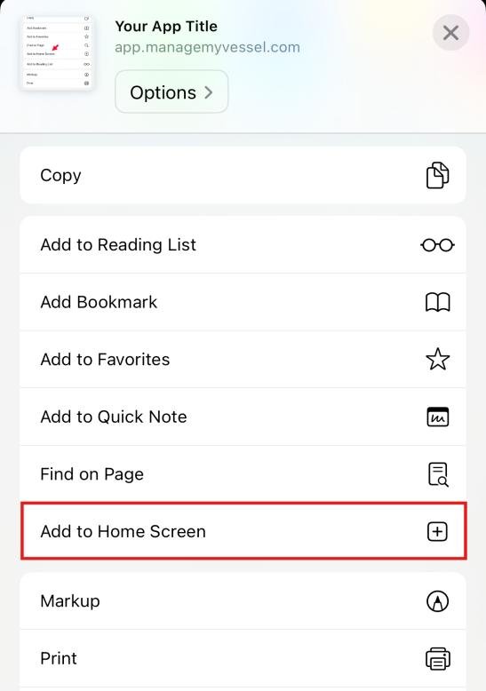 Safari share menu with Add to Home Screen option highlighted