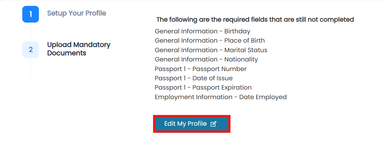 Setup Your Profile step showing required fields still not completed and Edit My Profile button