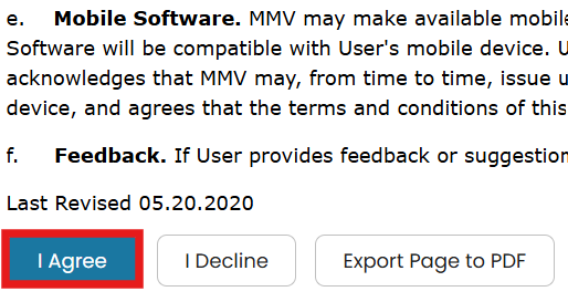 Terms of Service agreement in the app with I Agree button highlighted