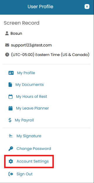 User Profile menu with Account Settings highlighted