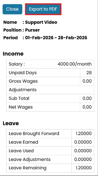 Payslip detail with Income, Leave sections and Export to PDF button