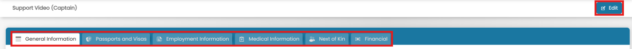 Profile tabs — General Information, Passports and Visas, Employment Information, Medical Information, Next of Kin, Financial — with Edit button highlighted