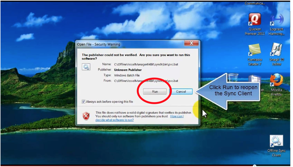 Windows security dialog with the Run button highlighted