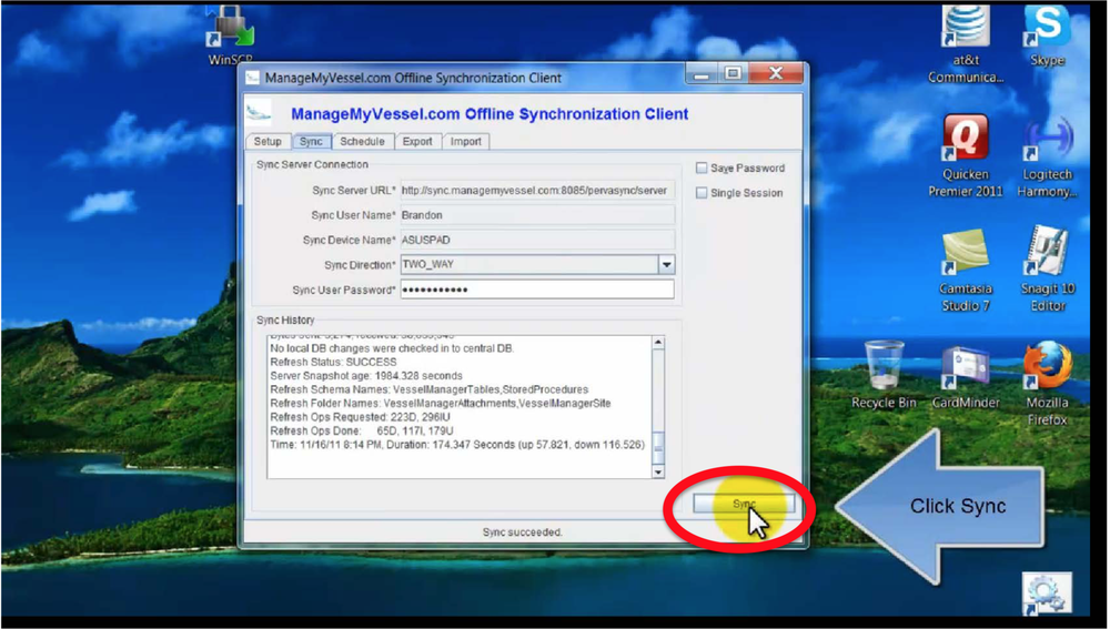 Sync client window with the Sync button highlighted